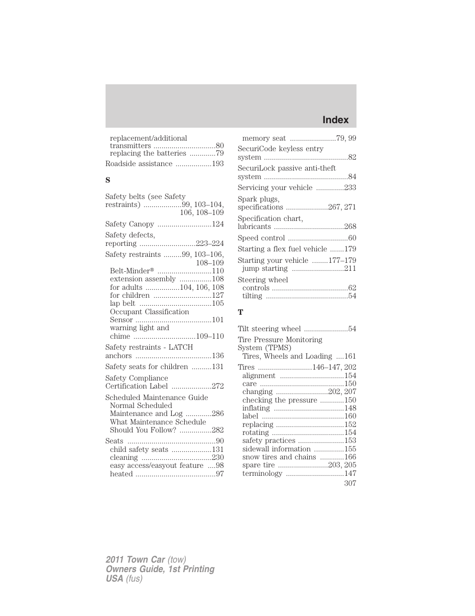 Index | Lincoln 2011 Town Car User Manual | Page 307 / 308