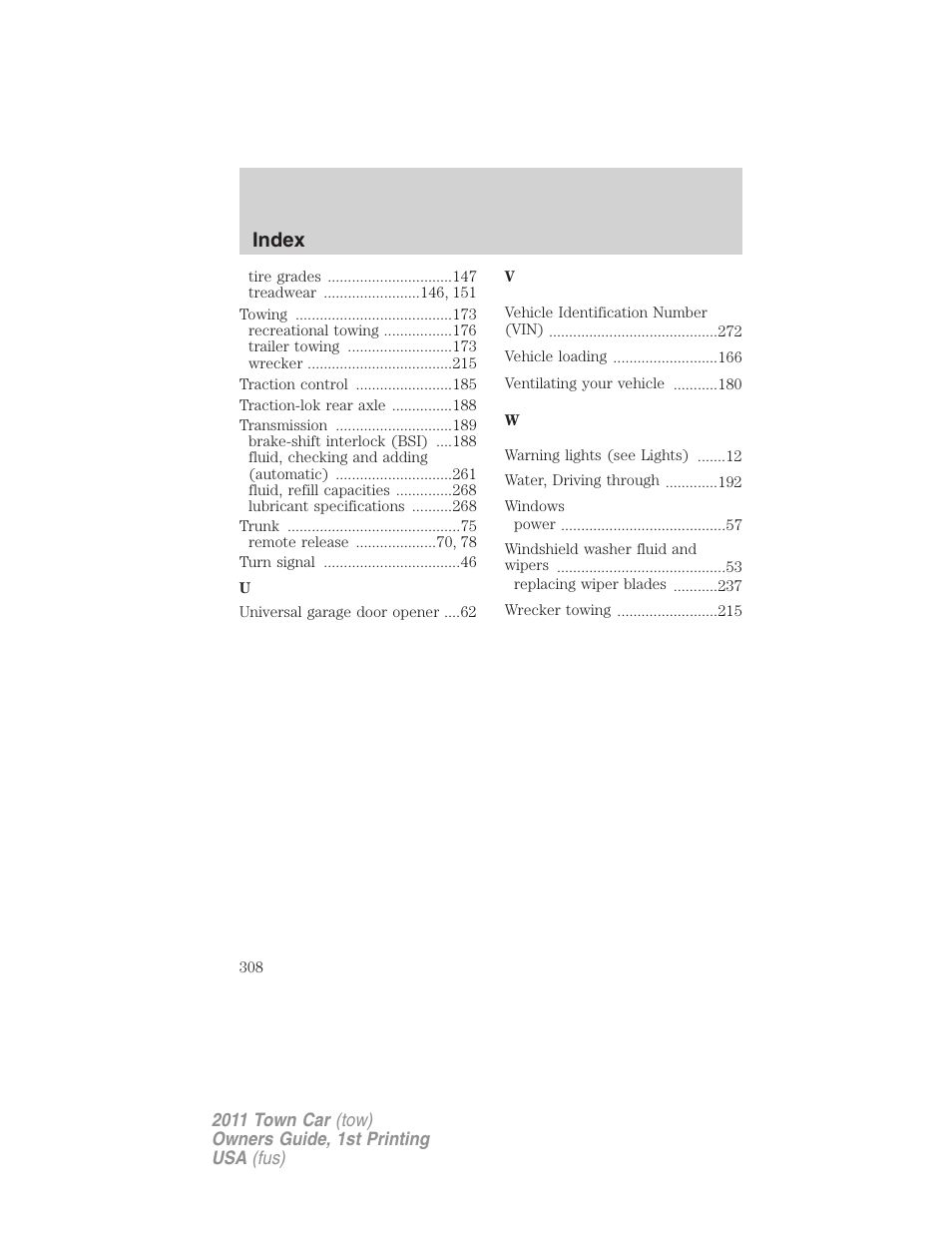 Index | Lincoln 2011 Town Car User Manual | Page 308 / 308