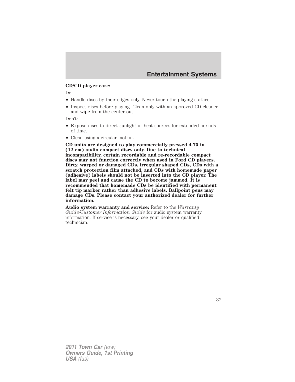 Entertainment systems | Lincoln 2011 Town Car User Manual | Page 37 / 308