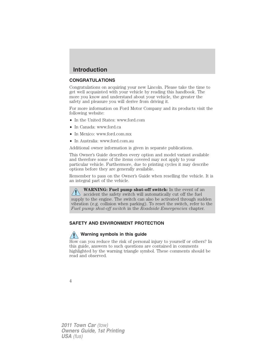 Introduction, Congratulations, Safety and environment protection | Warning symbols in this guide | Lincoln 2011 Town Car User Manual | Page 4 / 308