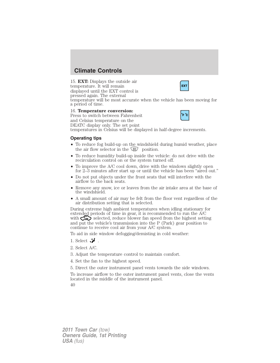 Operating tips, Climate controls | Lincoln 2011 Town Car User Manual | Page 40 / 308