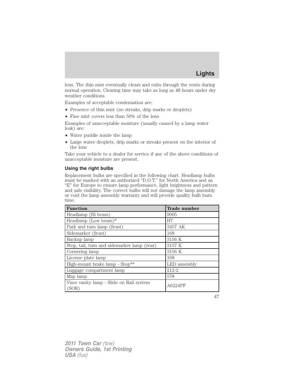 Using the right bulbs, Lights | Lincoln 2011 Town Car User Manual | Page 47 / 308