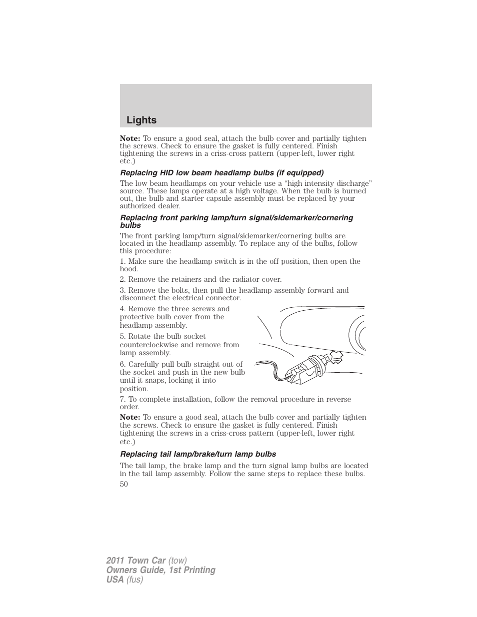 Replacing tail lamp/brake/turn lamp bulbs, Lights | Lincoln 2011 Town Car User Manual | Page 50 / 308