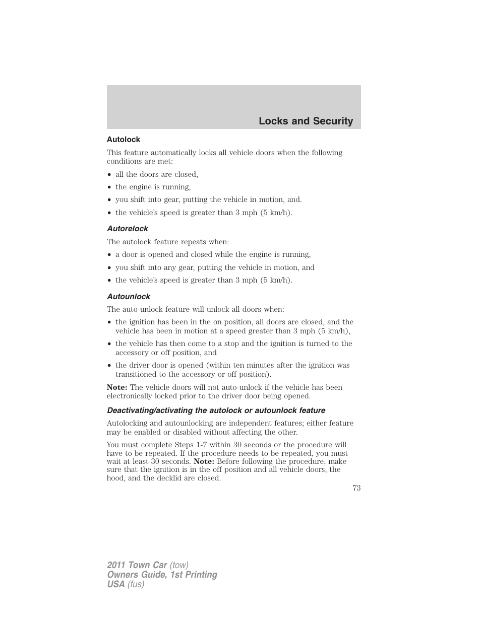 Autolock, Autorelock, Autounlock | Locks and security | Lincoln 2011 Town Car User Manual | Page 73 / 308