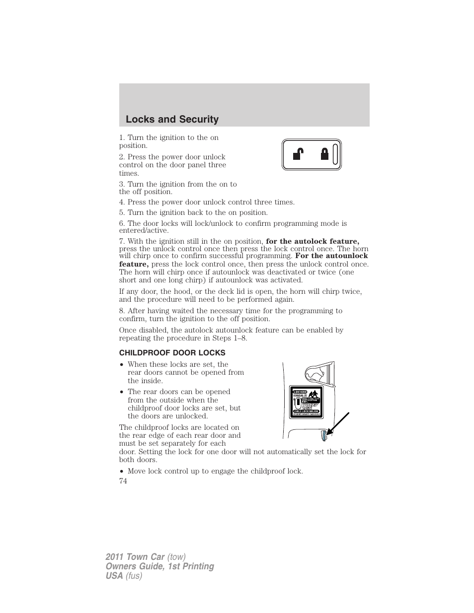 Childproof door locks, Locks and security | Lincoln 2011 Town Car User Manual | Page 74 / 308