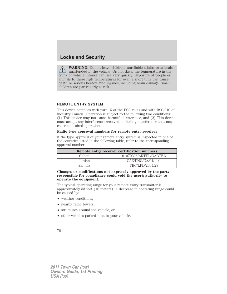 Remote entry system, Locks and security | Lincoln 2011 Town Car User Manual | Page 76 / 308