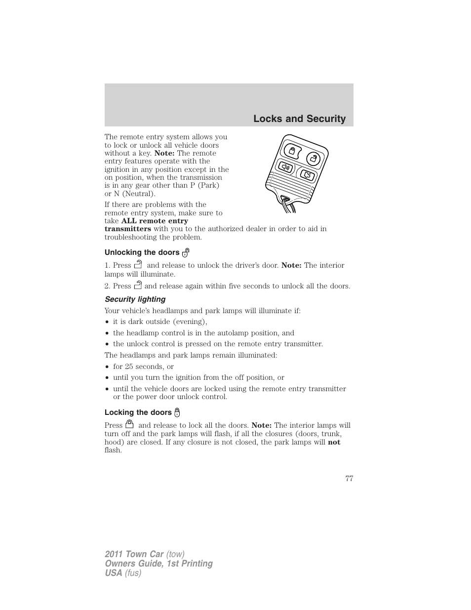 Unlocking the doors, Security lighting, Locking the doors | Locks and security | Lincoln 2011 Town Car User Manual | Page 77 / 308