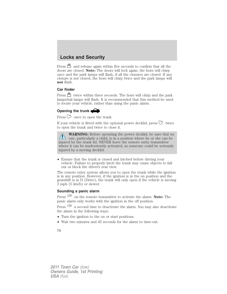 Car finder, Opening the trunk, Sounding a panic alarm | Locks and security | Lincoln 2011 Town Car User Manual | Page 78 / 308