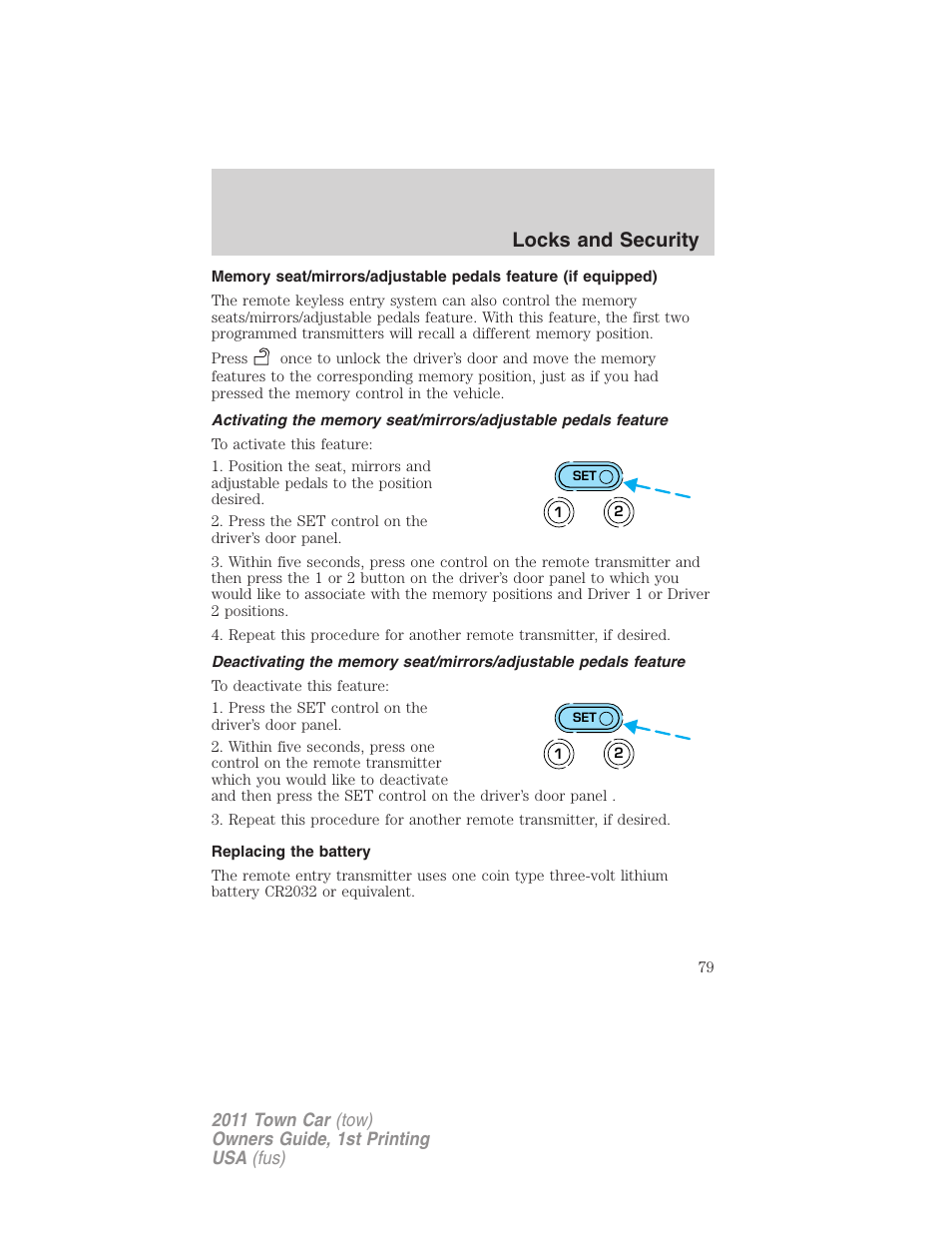 Replacing the battery, Locks and security | Lincoln 2011 Town Car User Manual | Page 79 / 308