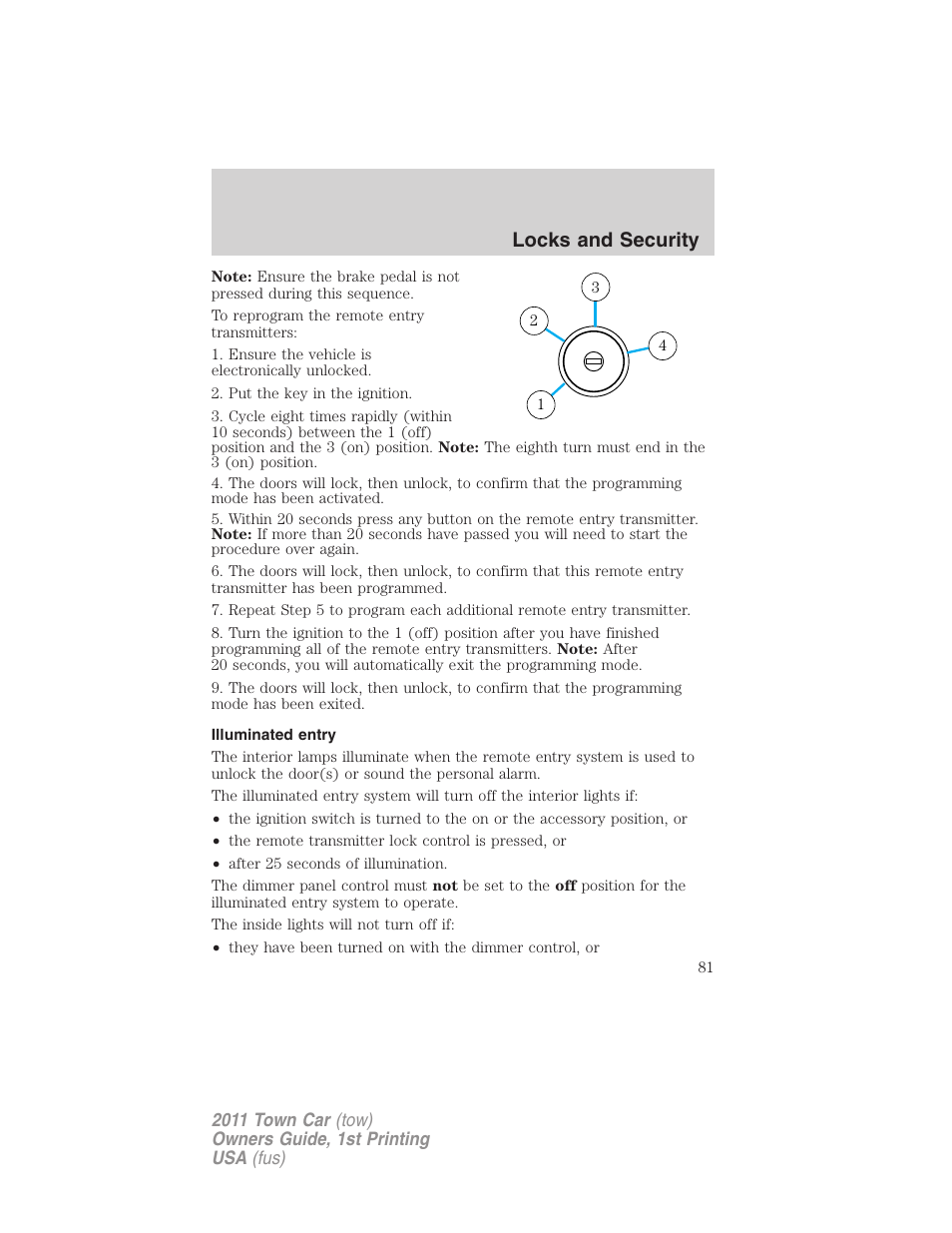 Illuminated entry, Locks and security | Lincoln 2011 Town Car User Manual | Page 81 / 308