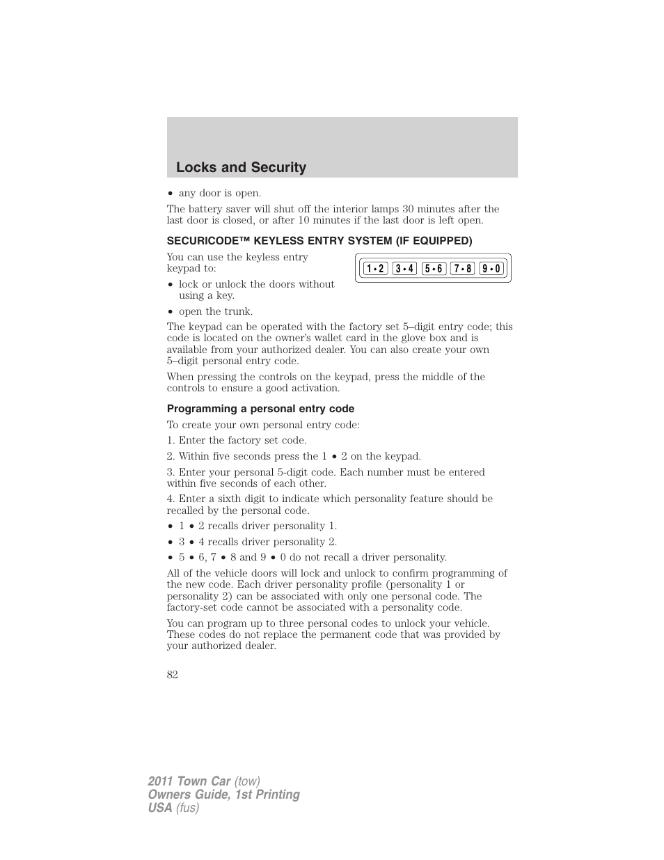 Securicode™ keyless entry system (if equipped), Programming a personal entry code, Locks and security | Lincoln 2011 Town Car User Manual | Page 82 / 308