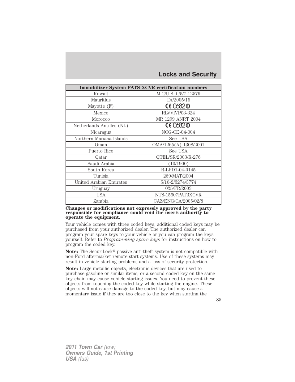 Locks and security | Lincoln 2011 Town Car User Manual | Page 85 / 308