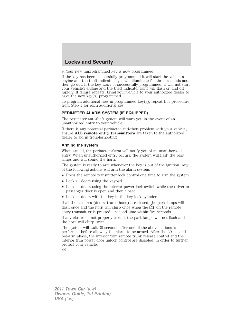 Perimeter alarm system (if equipped), Arming the system, Locks and security | Lincoln 2011 Town Car User Manual | Page 88 / 308