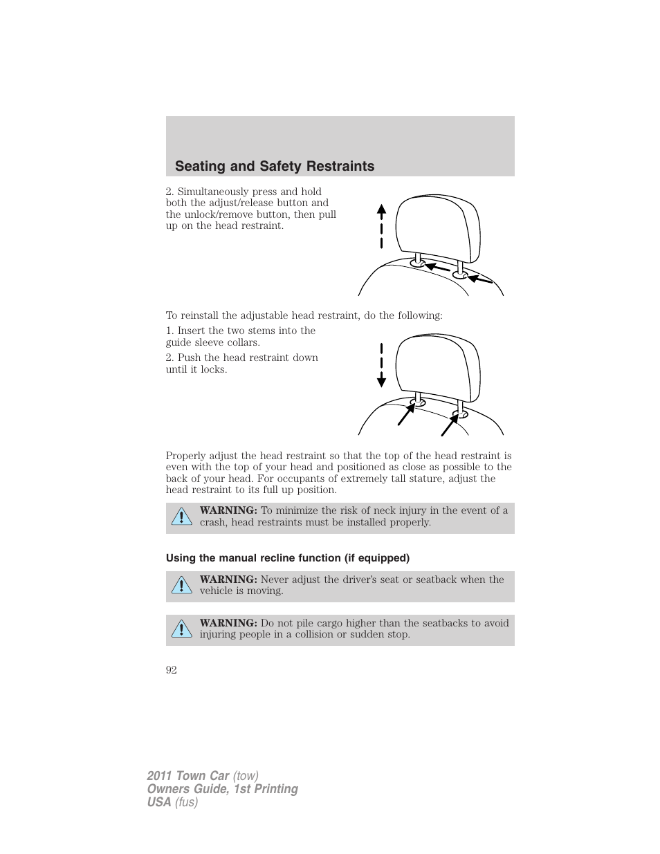 Using the manual recline function (if equipped), Seating and safety restraints | Lincoln 2011 Town Car User Manual | Page 92 / 308