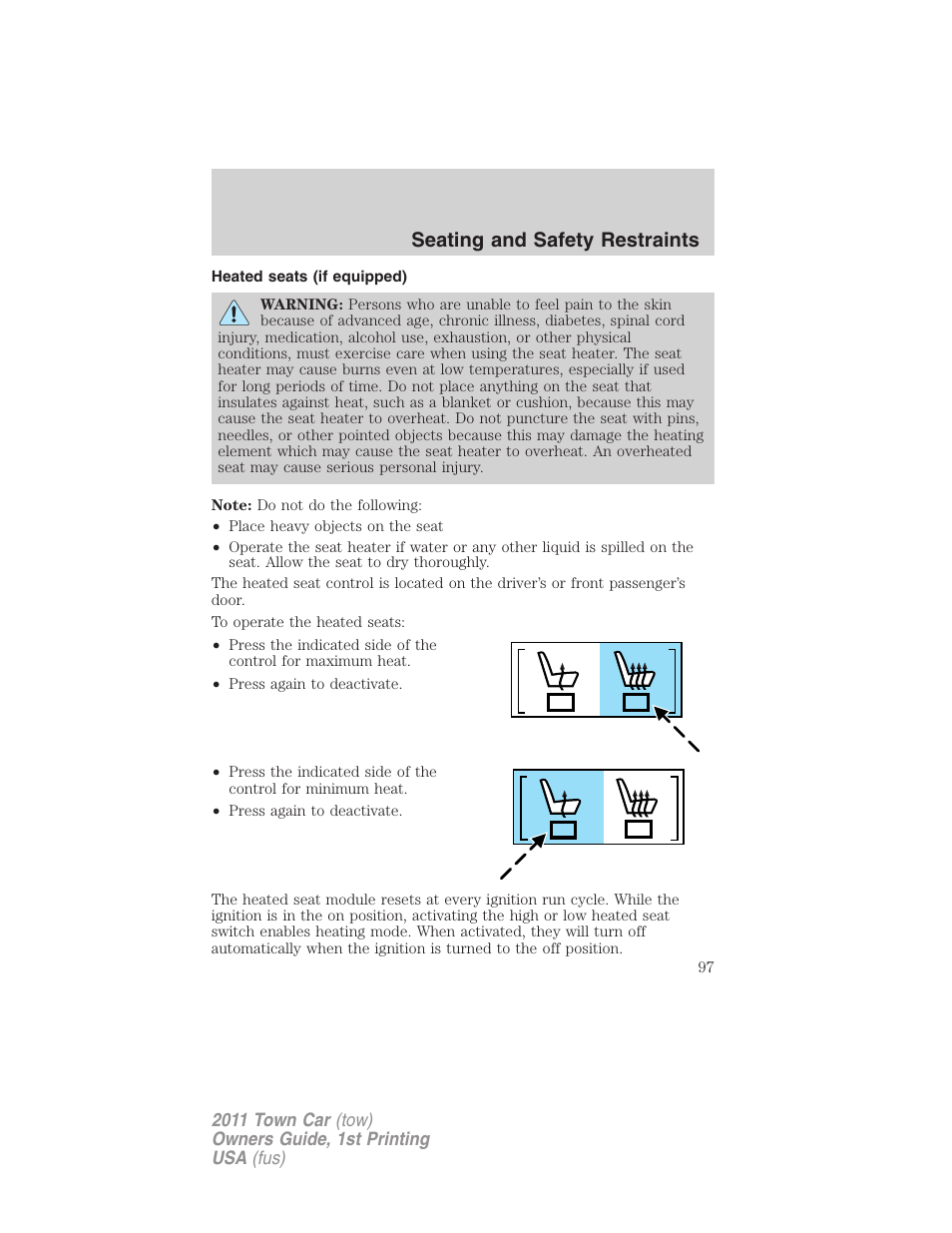 Heated seats (if equipped), Seating and safety restraints | Lincoln 2011 Town Car User Manual | Page 97 / 308