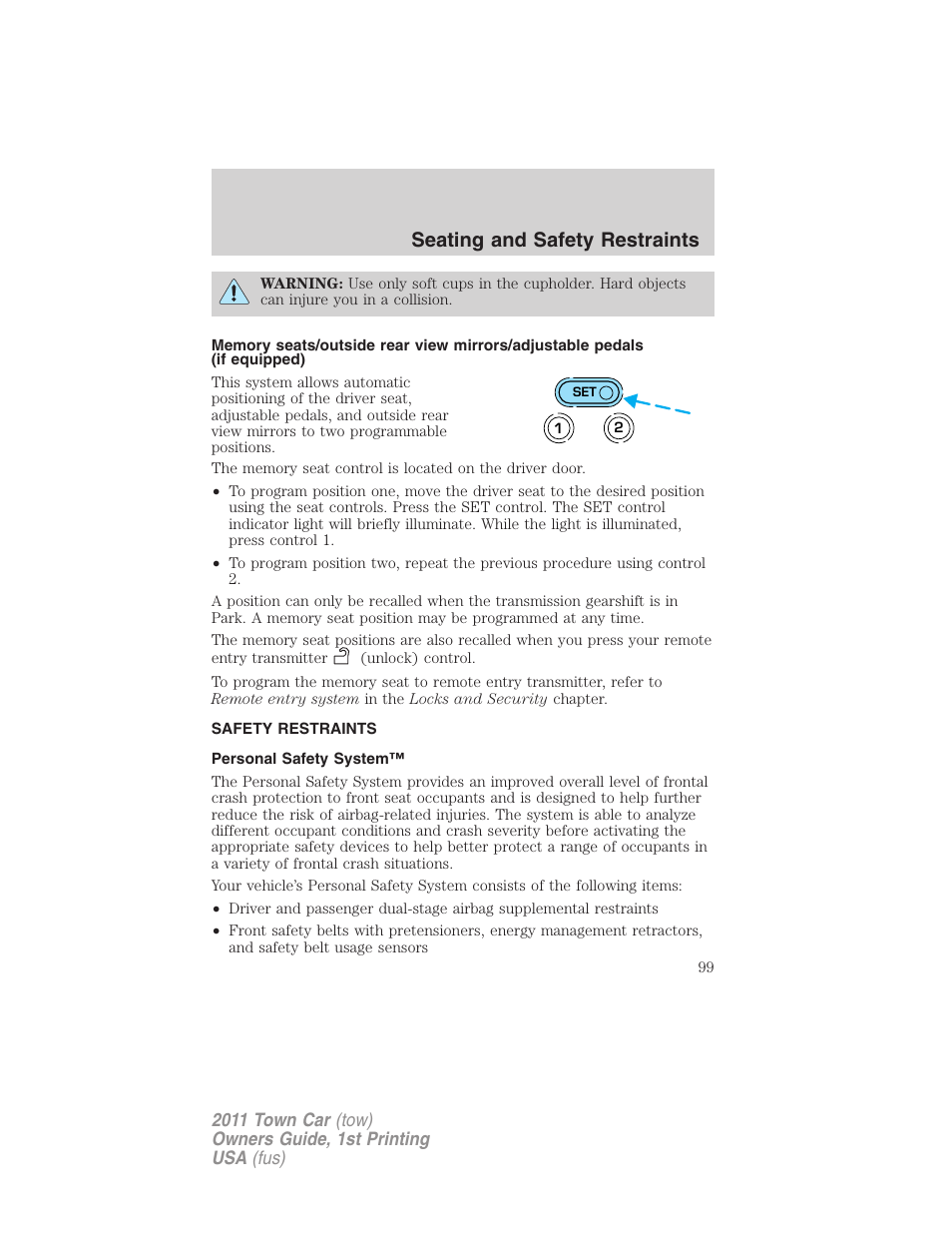 Safety restraints, Personal safety system, Seating and safety restraints | Lincoln 2011 Town Car User Manual | Page 99 / 308