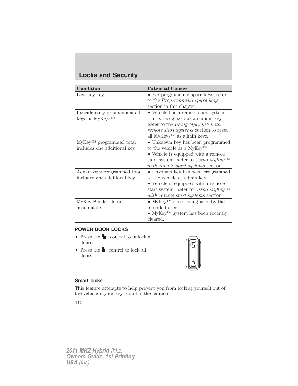 Power door locks, Smart locks, Locks | Locks and security | Lincoln 2011 MKZ Hybrid User Manual | Page 112 / 348