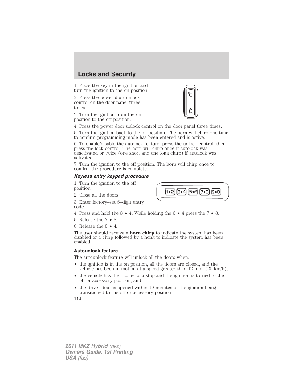 Keyless entry keypad procedure, Autounlock feature, Locks and security | Lincoln 2011 MKZ Hybrid User Manual | Page 114 / 348