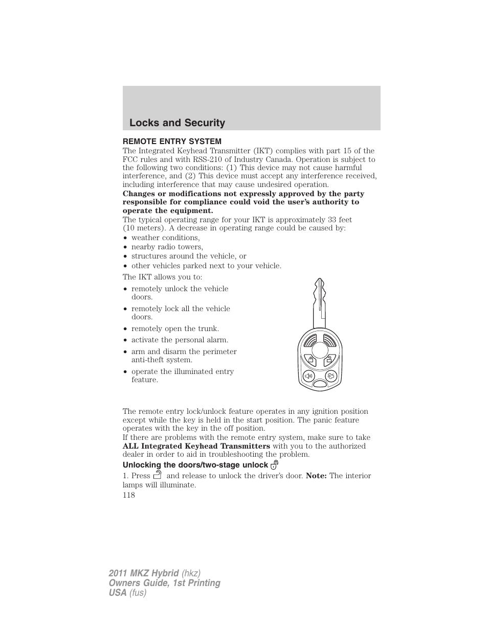 Remote entry system, Unlocking the doors/two-stage unlock, Locks and security | Lincoln 2011 MKZ Hybrid User Manual | Page 118 / 348