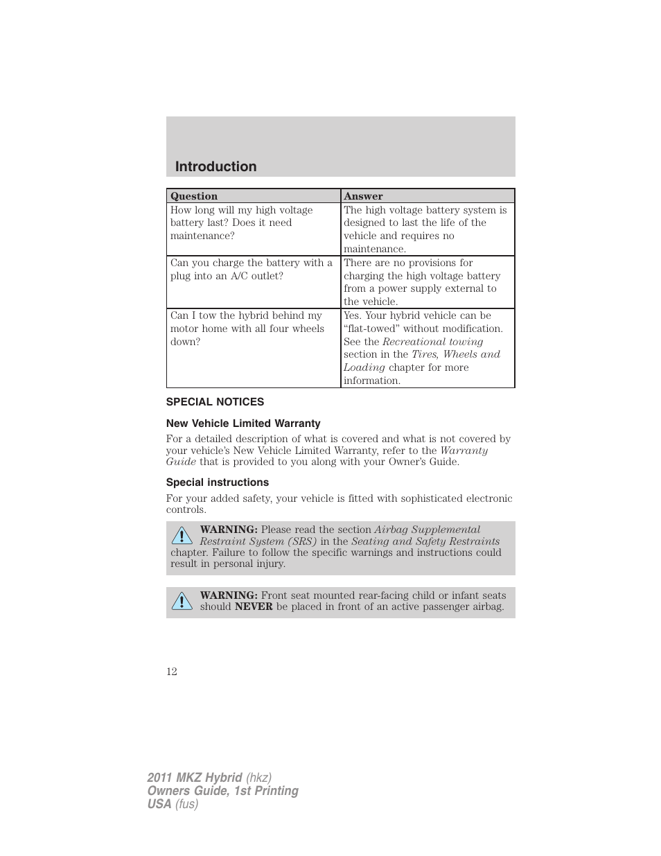 Special notices, New vehicle limited warranty, Special instructions | Introduction | Lincoln 2011 MKZ Hybrid User Manual | Page 12 / 348