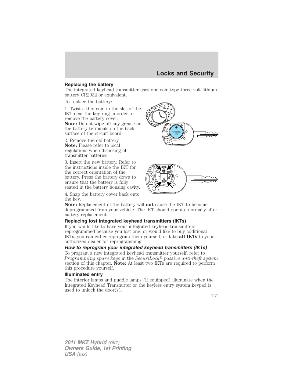 Replacing the battery, Illuminated entry, Locks and security | Lincoln 2011 MKZ Hybrid User Manual | Page 121 / 348