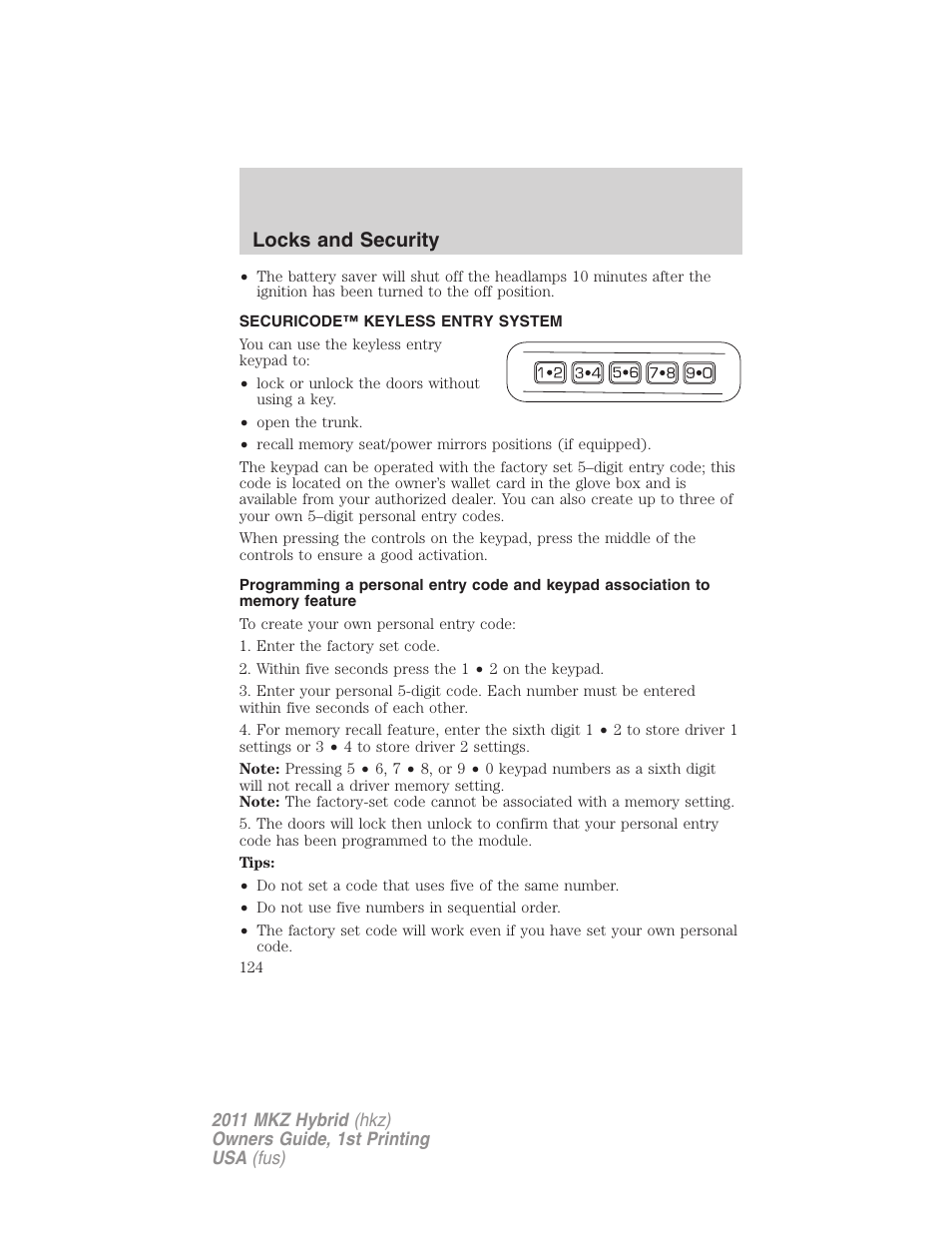 Securicode™ keyless entry system, Locks and security | Lincoln 2011 MKZ Hybrid User Manual | Page 124 / 348