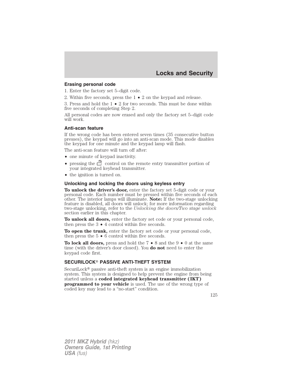 Erasing personal code, Anti-scan feature, Securilock passive anti-theft system | Anti-theft system, Locks and security | Lincoln 2011 MKZ Hybrid User Manual | Page 125 / 348