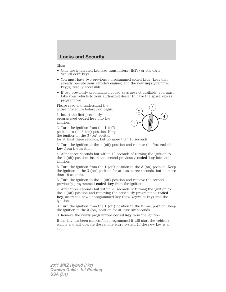 Locks and security | Lincoln 2011 MKZ Hybrid User Manual | Page 128 / 348