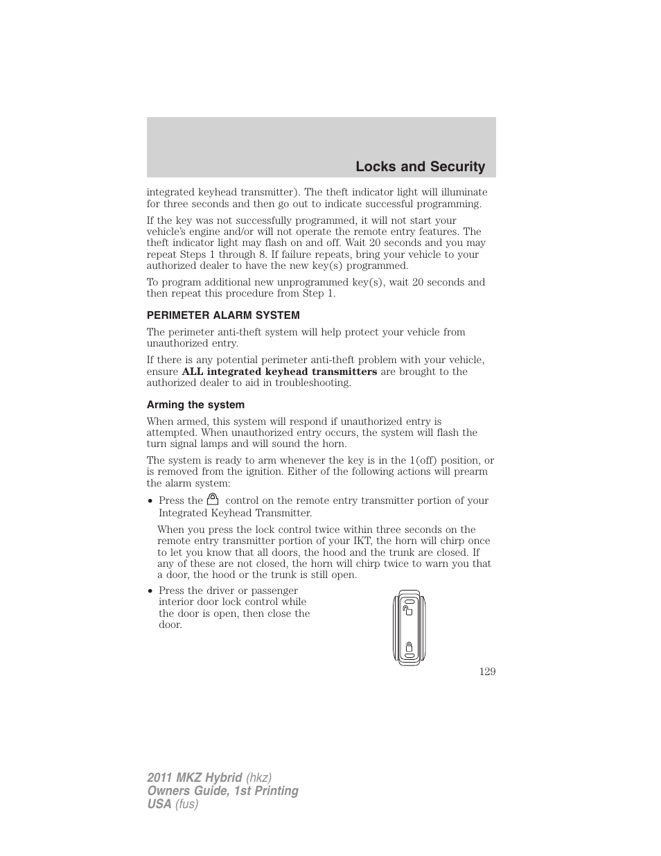 Perimeter alarm system, Arming the system, Locks and security | Lincoln 2011 MKZ Hybrid User Manual | Page 129 / 348