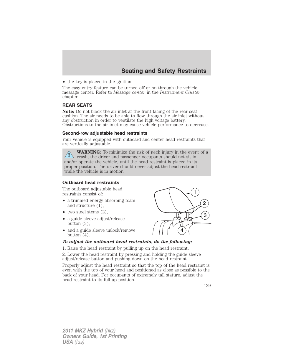 Rear seats, Second-row adjustable head restraints, Seating and safety restraints | Lincoln 2011 MKZ Hybrid User Manual | Page 139 / 348