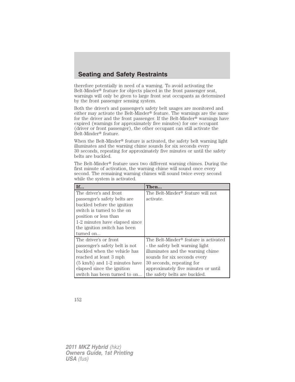 Seating and safety restraints | Lincoln 2011 MKZ Hybrid User Manual | Page 152 / 348