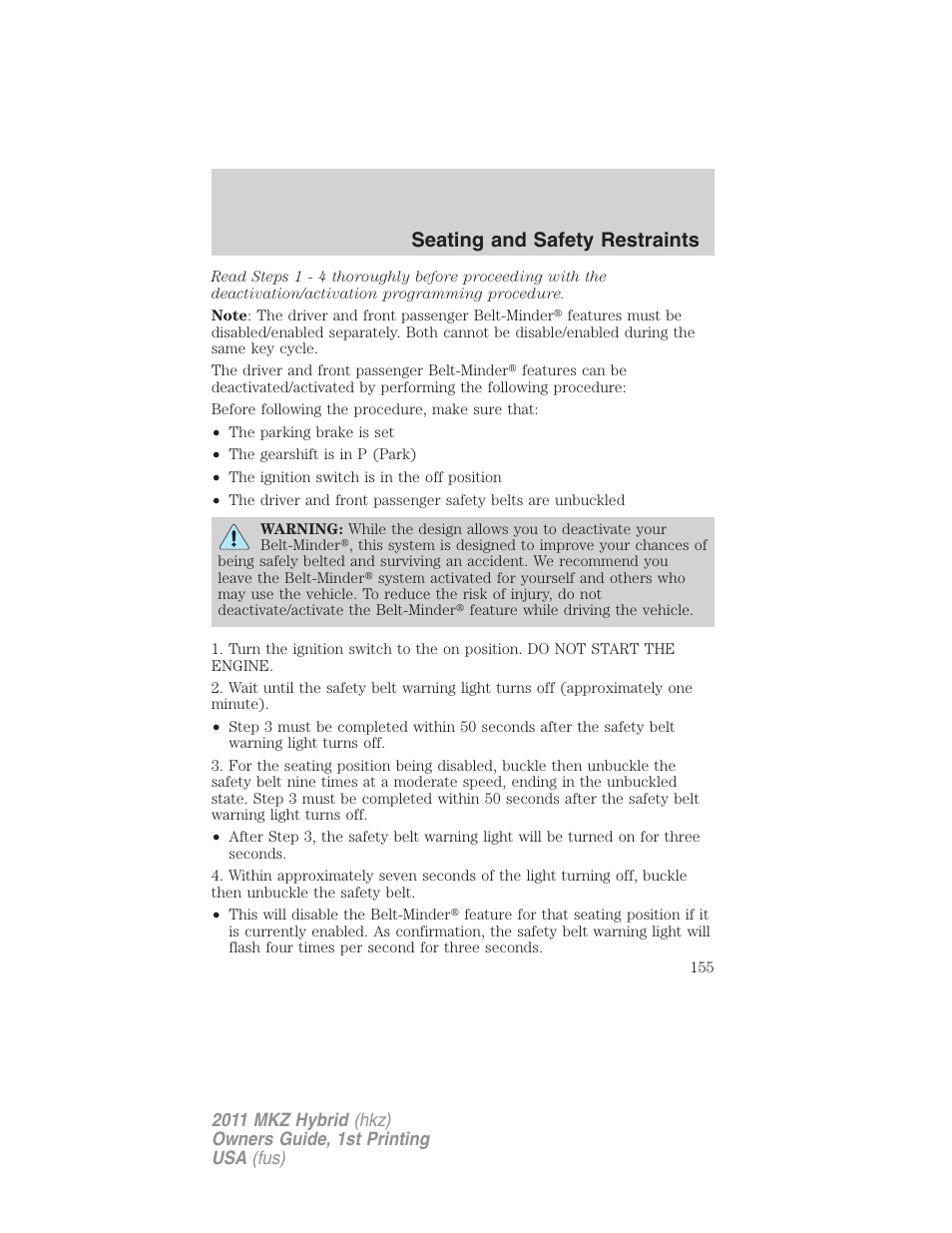 Seating and safety restraints | Lincoln 2011 MKZ Hybrid User Manual | Page 155 / 348