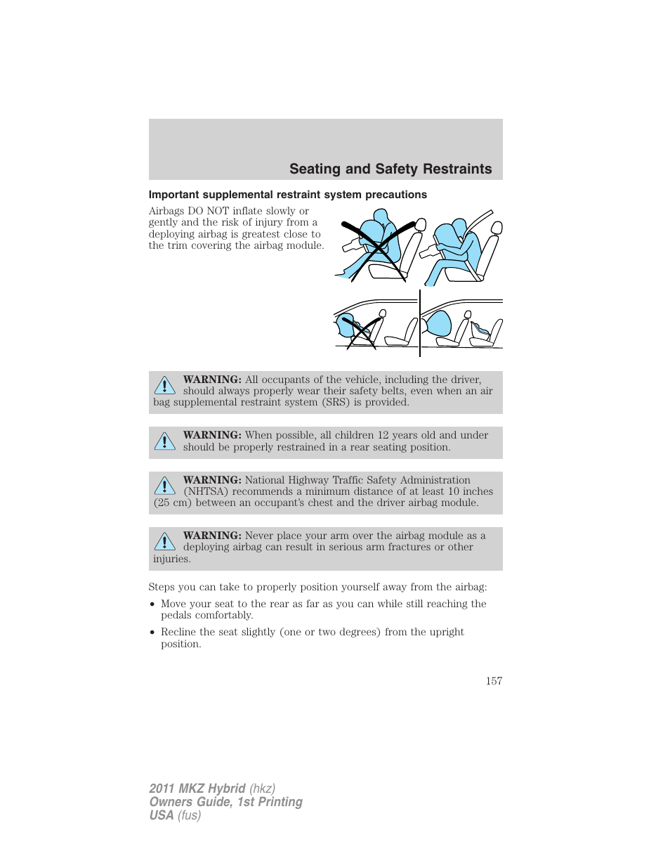 Seating and safety restraints | Lincoln 2011 MKZ Hybrid User Manual | Page 157 / 348