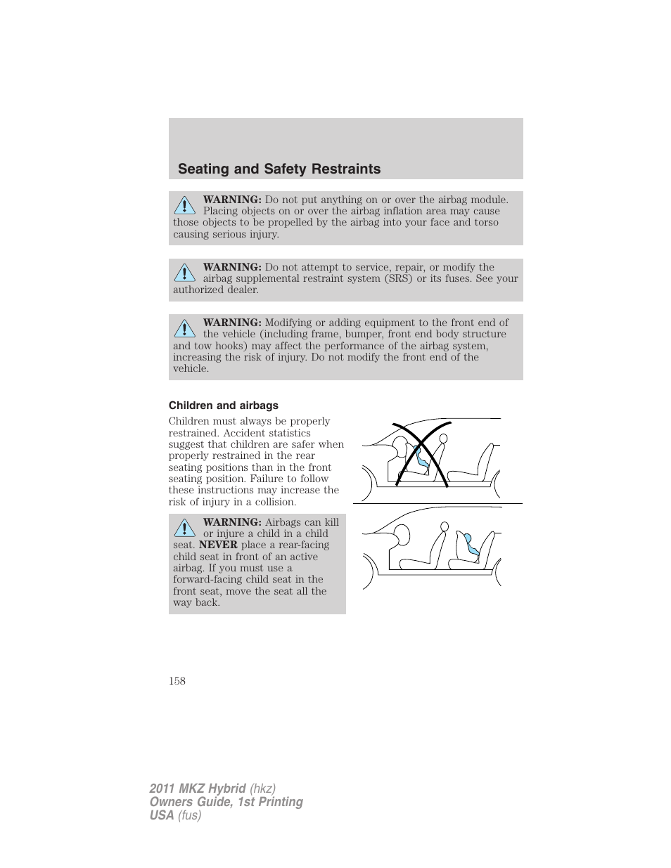 Children and airbags, Seating and safety restraints | Lincoln 2011 MKZ Hybrid User Manual | Page 158 / 348