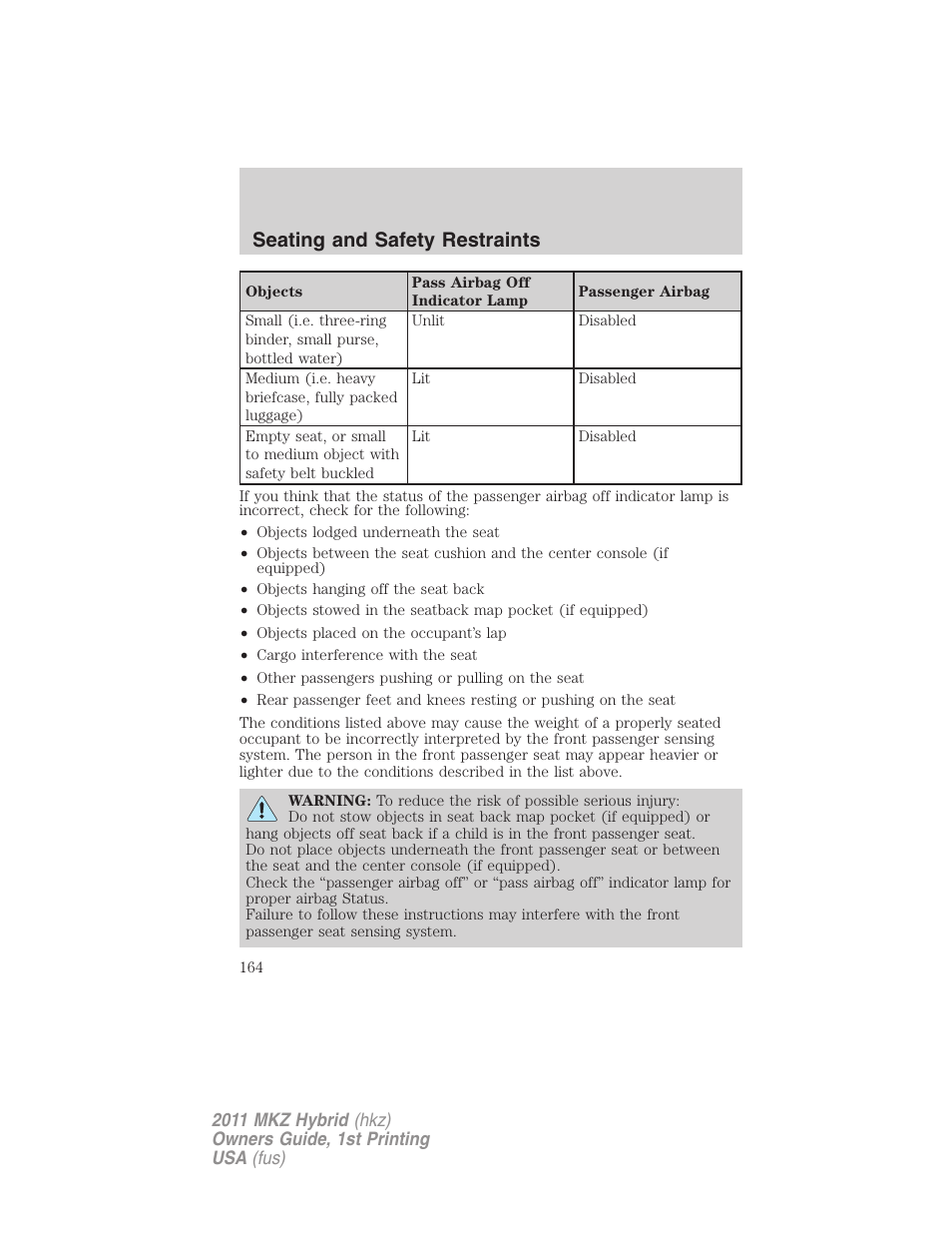 Seating and safety restraints | Lincoln 2011 MKZ Hybrid User Manual | Page 164 / 348