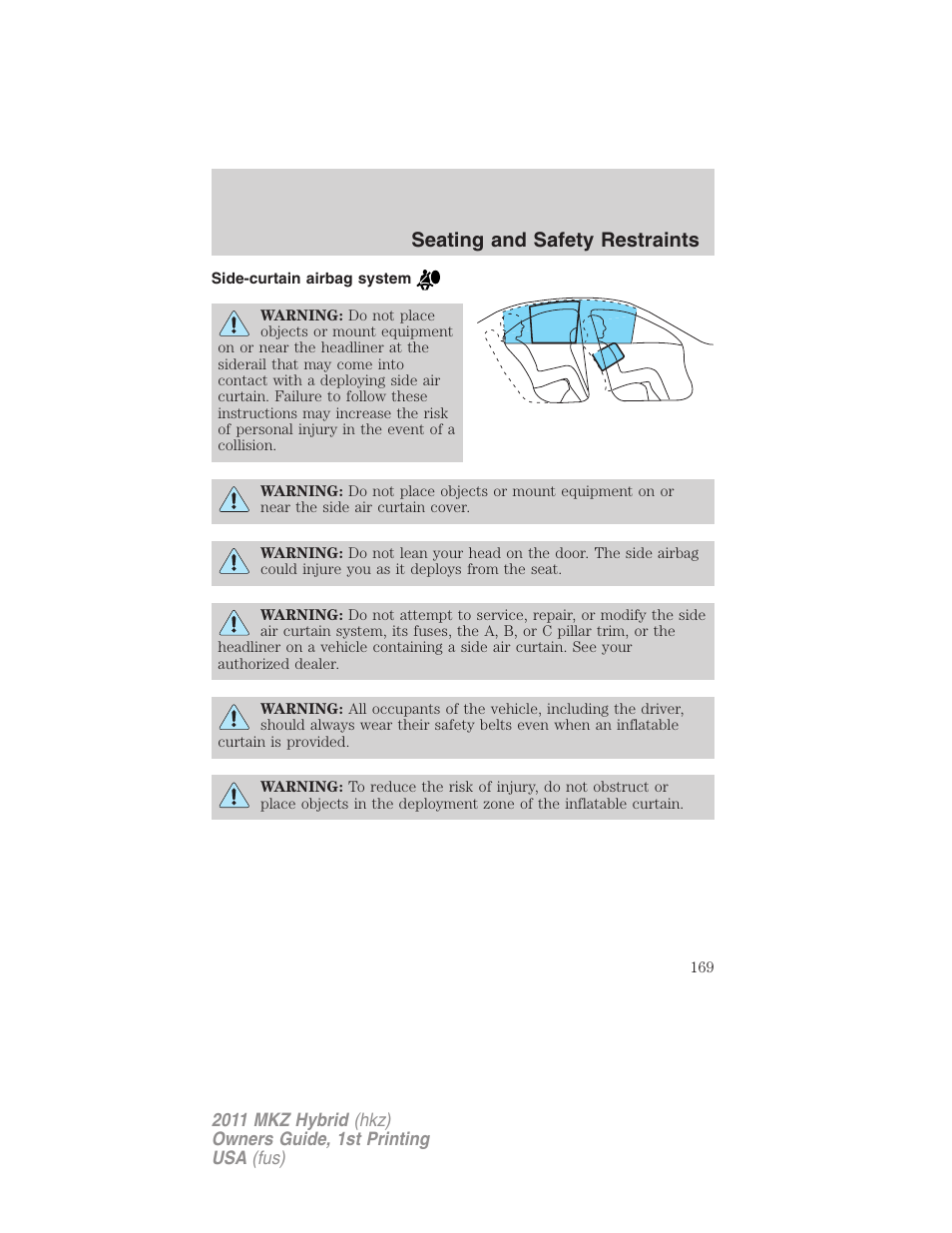 Side-curtain airbag system, Seating and safety restraints | Lincoln 2011 MKZ Hybrid User Manual | Page 169 / 348