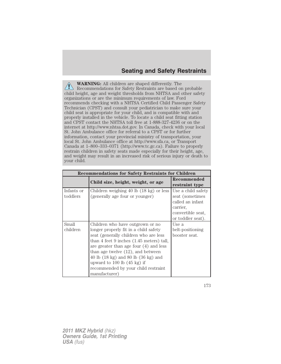 Seating and safety restraints | Lincoln 2011 MKZ Hybrid User Manual | Page 173 / 348