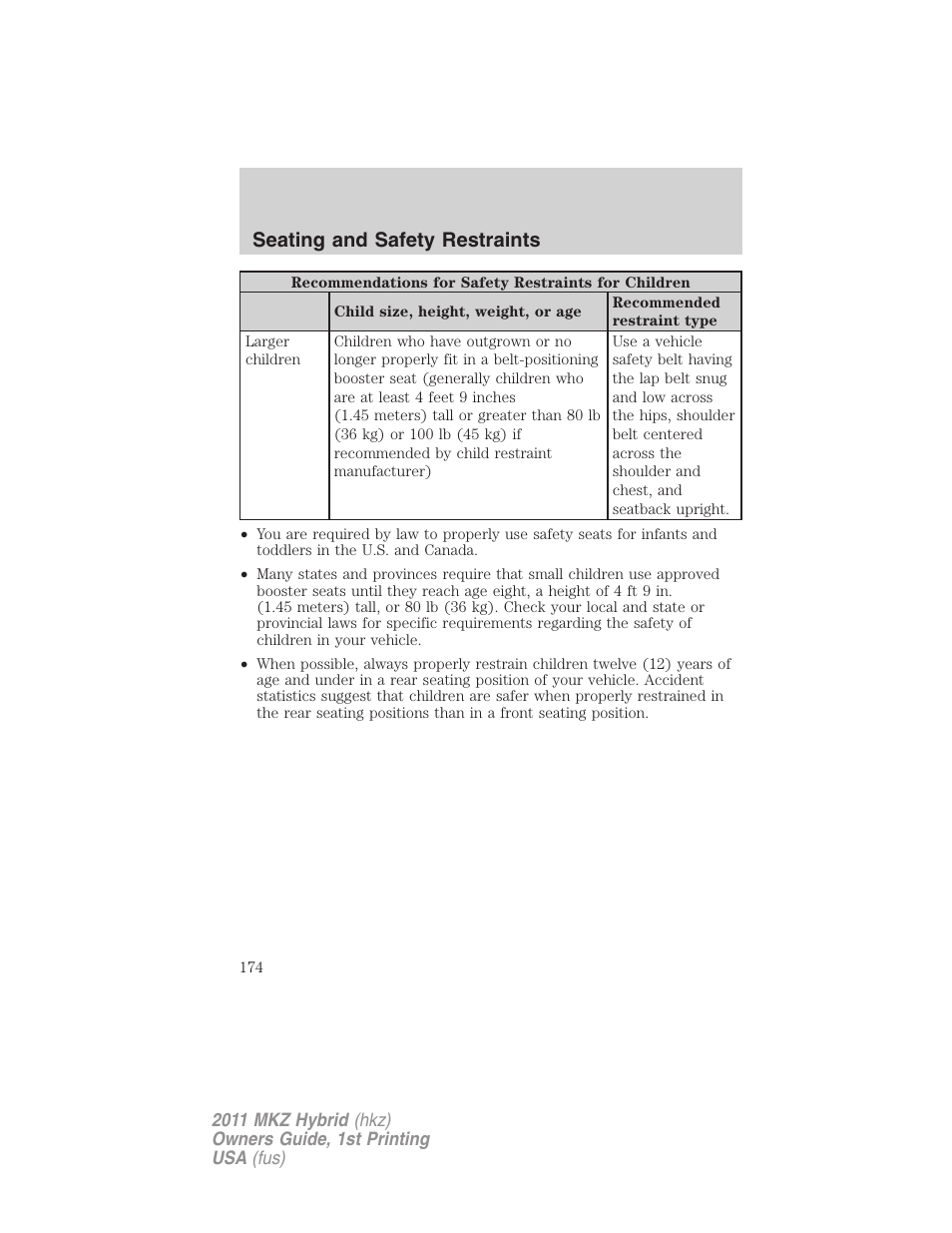 Seating and safety restraints | Lincoln 2011 MKZ Hybrid User Manual | Page 174 / 348