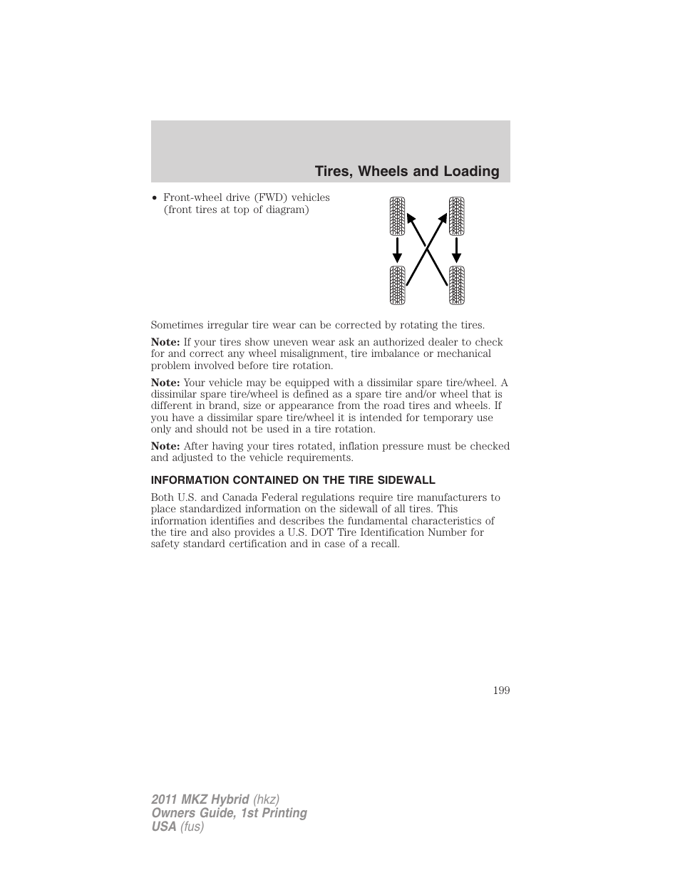 Information contained on the tire sidewall, Tires, wheels and loading | Lincoln 2011 MKZ Hybrid User Manual | Page 199 / 348