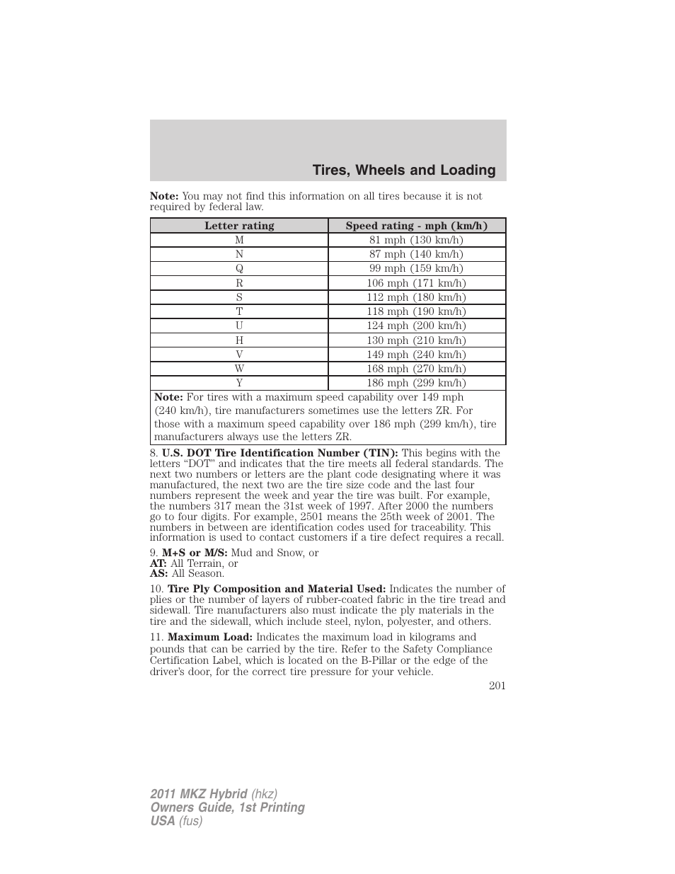 Tires, wheels and loading | Lincoln 2011 MKZ Hybrid User Manual | Page 201 / 348