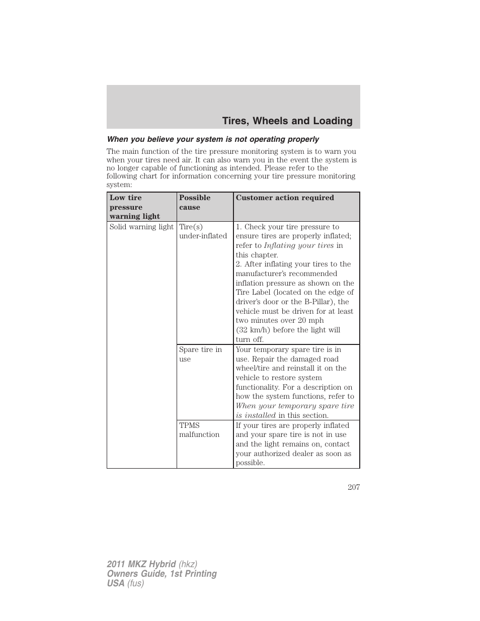 Tires, wheels and loading | Lincoln 2011 MKZ Hybrid User Manual | Page 207 / 348