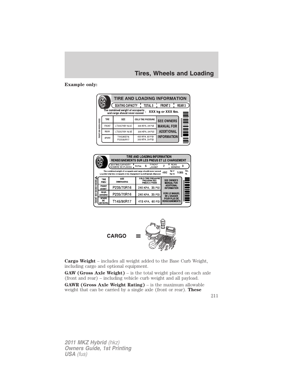Tires, wheels and loading | Lincoln 2011 MKZ Hybrid User Manual | Page 211 / 348