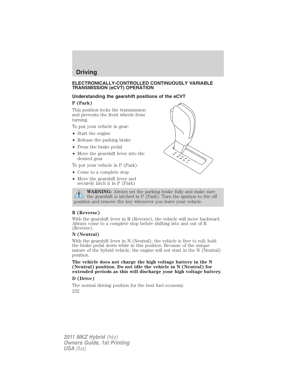 Understanding the gearshift positions of the ecvt, Transmission operation, Driving | Lincoln 2011 MKZ Hybrid User Manual | Page 232 / 348