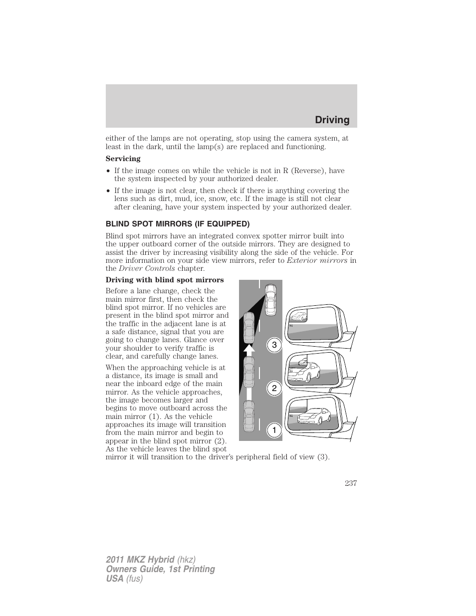 Blind spot mirrors (if equipped), Driving | Lincoln 2011 MKZ Hybrid User Manual | Page 237 / 348