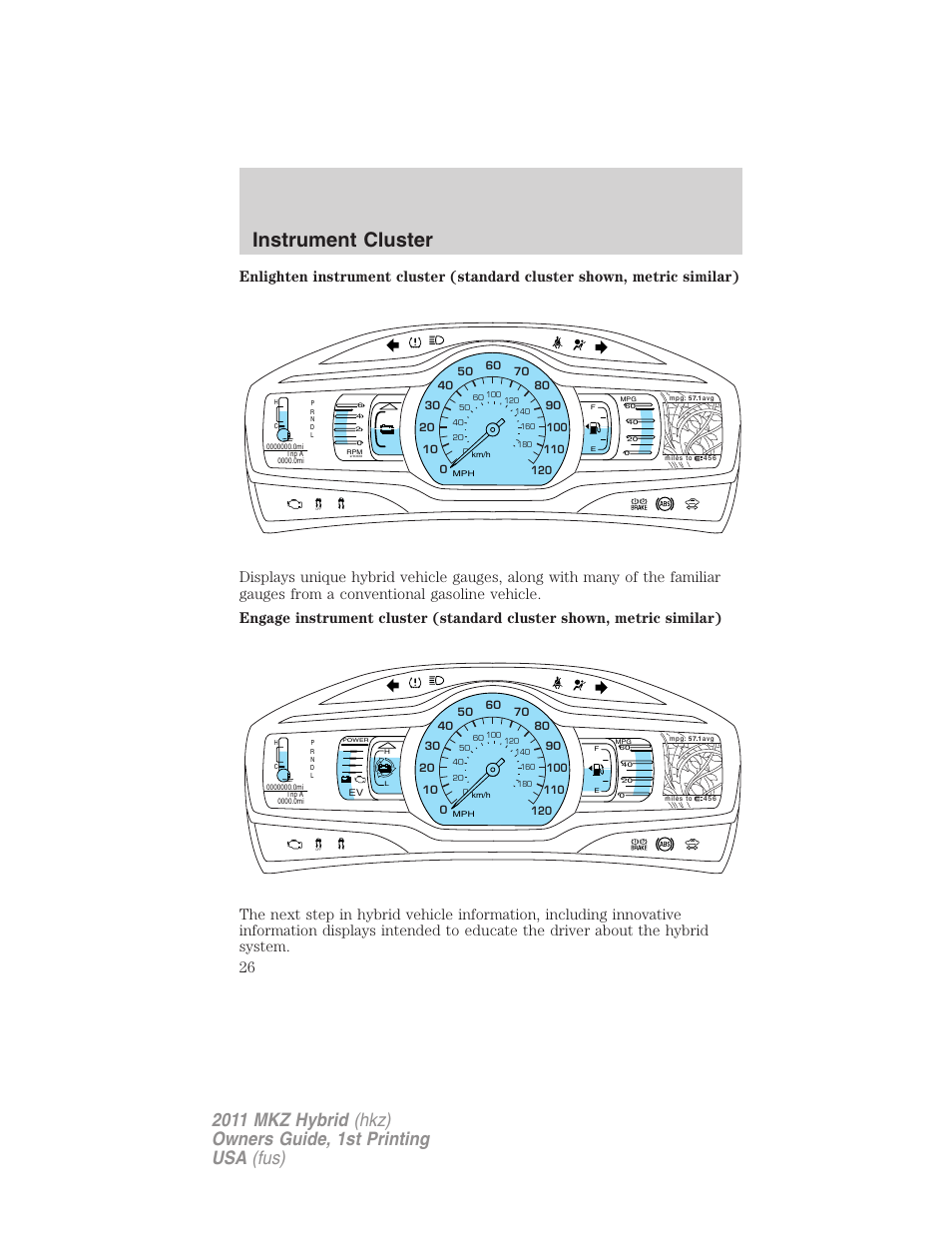 Instrument cluster | Lincoln 2011 MKZ Hybrid User Manual | Page 26 / 348