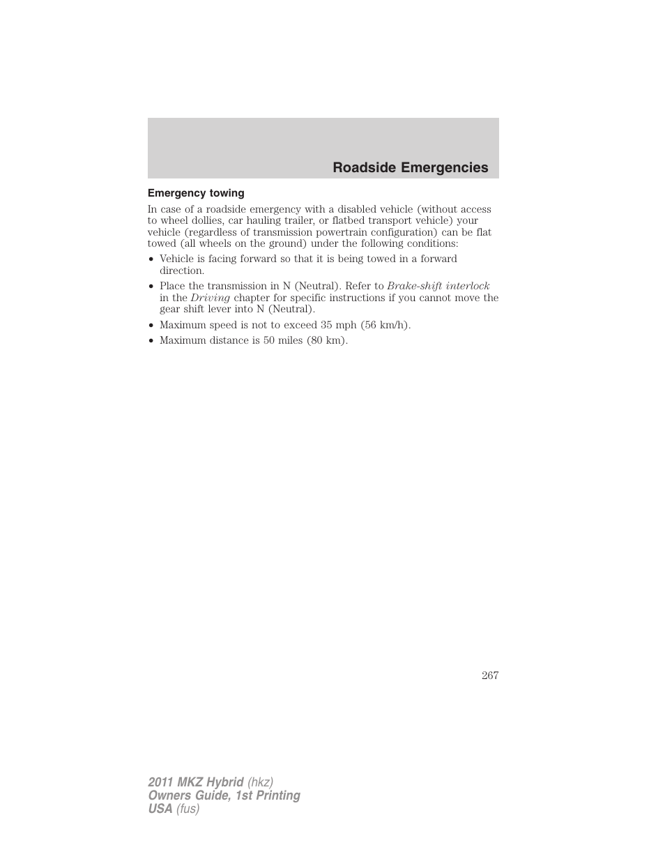 Emergency towing, Roadside emergencies | Lincoln 2011 MKZ Hybrid User Manual | Page 267 / 348