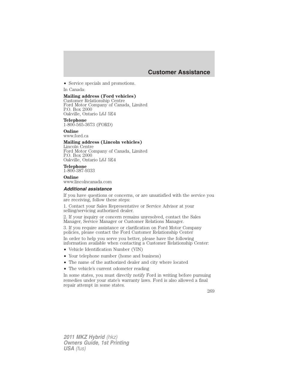 Additional assistance, Customer assistance | Lincoln 2011 MKZ Hybrid User Manual | Page 269 / 348