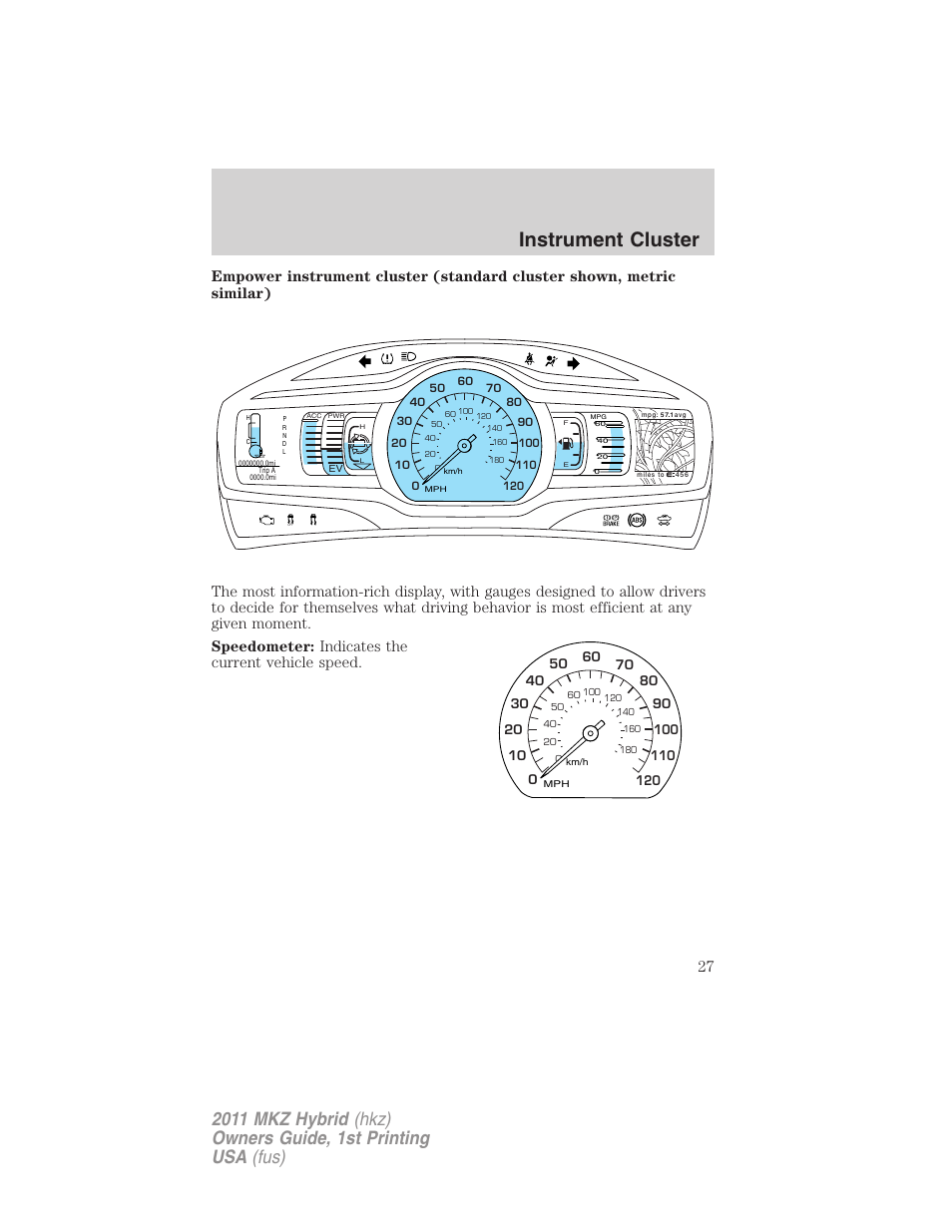 Instrument cluster | Lincoln 2011 MKZ Hybrid User Manual | Page 27 / 348