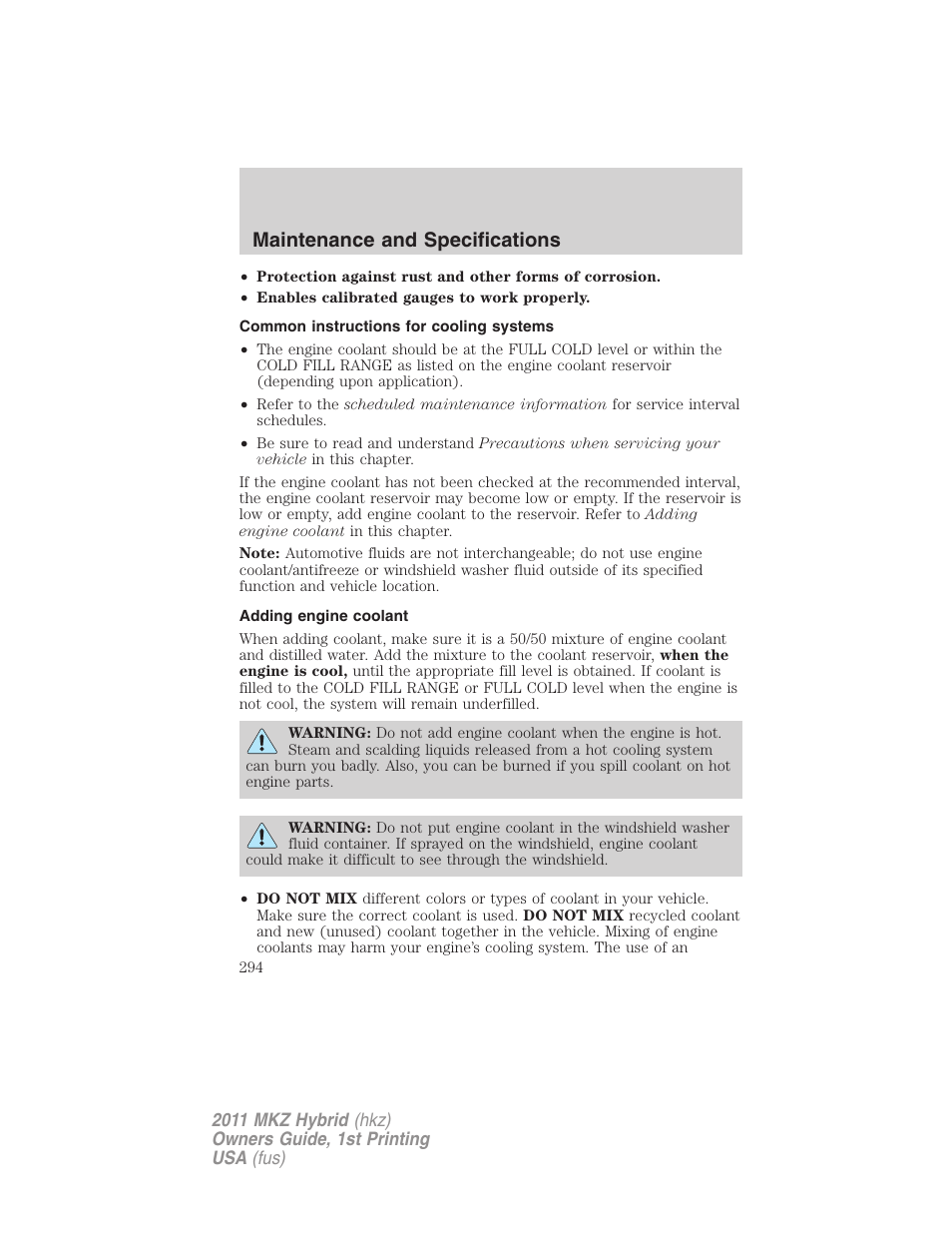 Common instructions for cooling systems, Adding engine coolant, Maintenance and specifications | Lincoln 2011 MKZ Hybrid User Manual | Page 294 / 348