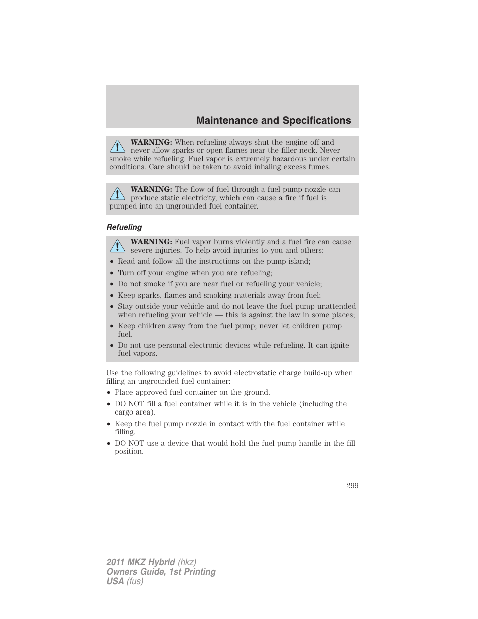 Refueling, Maintenance and specifications | Lincoln 2011 MKZ Hybrid User Manual | Page 299 / 348